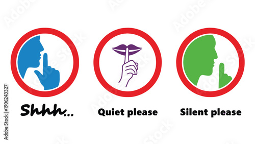 Three signs asking people to be quiet in public place
