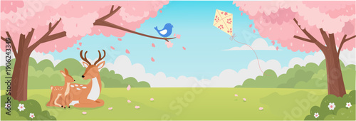 Spring landscape panorama with deer family under blooming cherry blossom trees. Vector illustration of a sunny meadow with falling petals, blue bird, and kite for nature banners