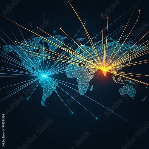 Glowing lines of data transmission radiate across a digital world map connecting continents