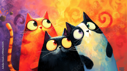 Colorful digital painting of four wide-eyed cartoon cats staring upward on vibrant abstract background