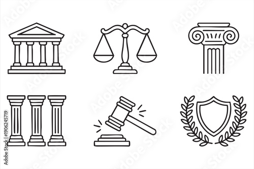 Law institution and defense linear icon collection