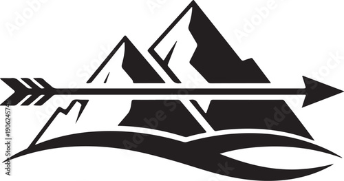 Black mountain range logo, arrow piercing peaks, outdoor adventure symbol, vector emblem