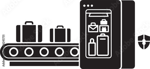 Secure e-commerce mobile payment with luggage on conveyor belt isolated on white background