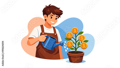 Man Watering Orange Flowering Plant in Pot.