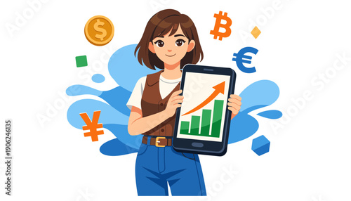 Woman holding tablet with financial graph.