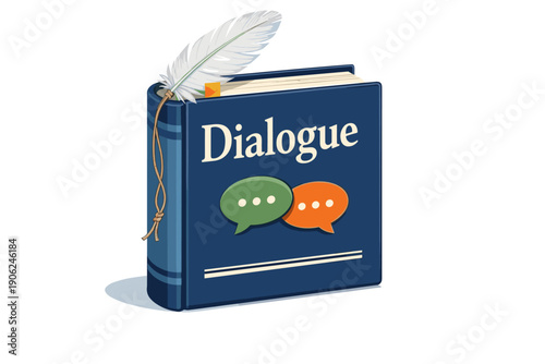 Hardcover book titled "Dialogue" with feather and speech bubbles