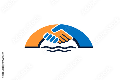 Bridge formed by hands shaking over water waves, partnership concept