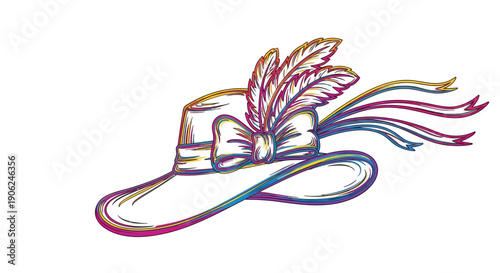 Vibrant doodle style hat illustration with flowing feathers and decorative ribbons design concept