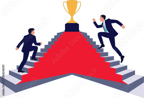 Ambitious business people climbing red carpet stairs toward a golden trophy for competition success achievement and professional career growth goal concept vector