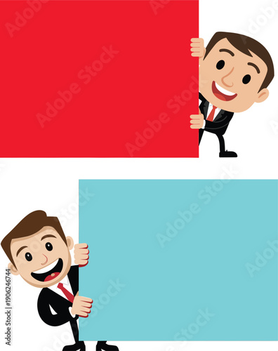 Cheerful businessman character peeking from behind blank red and blue sign boards for marketing advertisement sales and corporate messages flat vector illustration