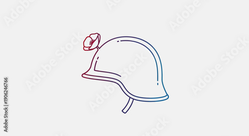 Minimalist line art illustration of a military helmet adorned with a red poppy flower representing