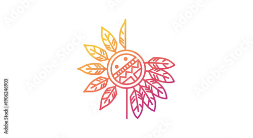 Vibrant gradient line art symbol featuring a tribal-inspired mask surrounded by decorative