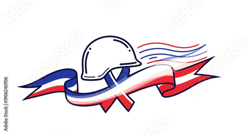 Stylized military helmet with red white and blue ribbon emblem of national pride and remembrance