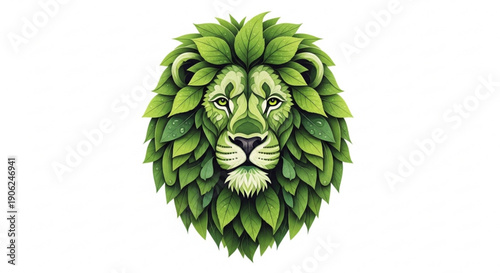 Green leafy lion head illustration symbolizing eco friendly strength and nature