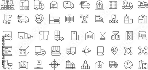 Modern logistics, delivery, and supply chain concepts presented in clean line-style icons suitable for web, app, and business use.