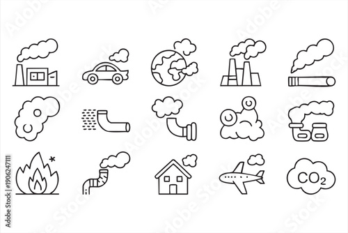 Factory smoke and carbon footprint outline set