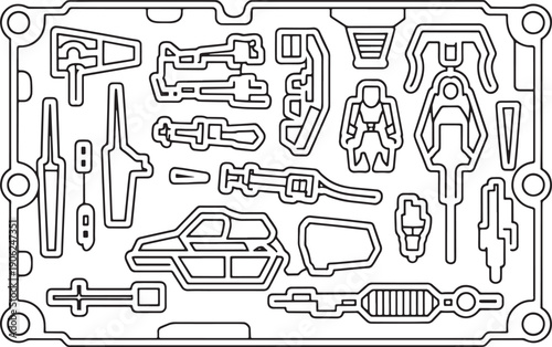 Action figure parts assembly layout showing weapons armor pieces for toy creation