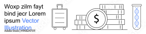 Finance, travel, scientific research, medical advancements, genetic testing, innovation. a suitcase, coin stack with a dollar symbol and a test tube with a DNA strand. Finance and travel concept