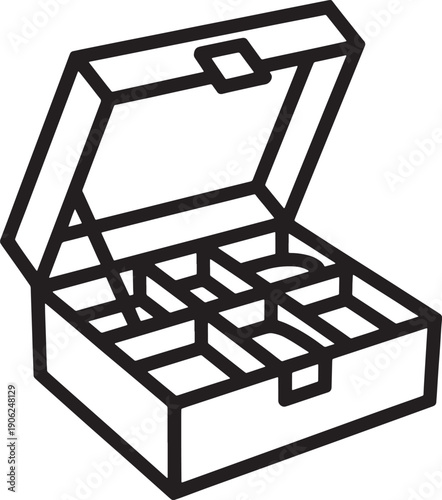Open tackle box with compartments line art for storage organization and utility sorting systems