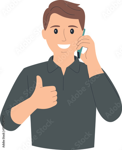 appy young man talking on smartphone and showing thumbs up gesture successful business communication mobile technology vector illustration
