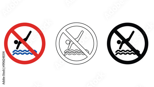 Three prohibition signs indicate no diving into water.
