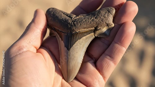 Fossilized Megalodon Shark Tooth Held in Hand, Ancient Predator Relic