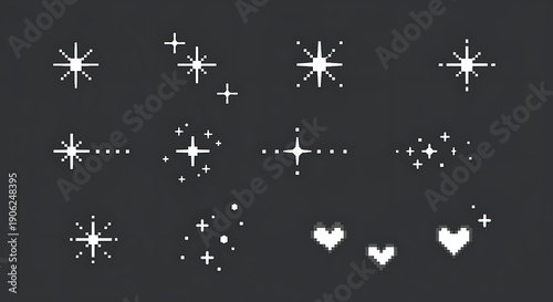 A collection of white pixelated graphics on a dark gray background.