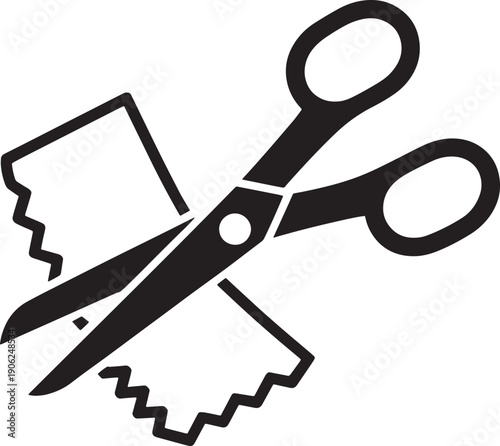 Scissors cutting a piece of fabric or paper with zig zag edges black silhouette vector illustration
