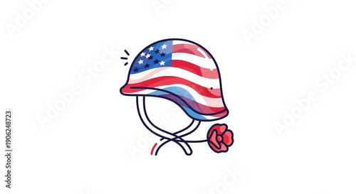 Stylized American Flag Military Helmet with Red Poppy Symbolizing Remembrance and Patriotism