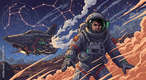 Astronaut in space suit walks on alien planet with spaceship in background and stars