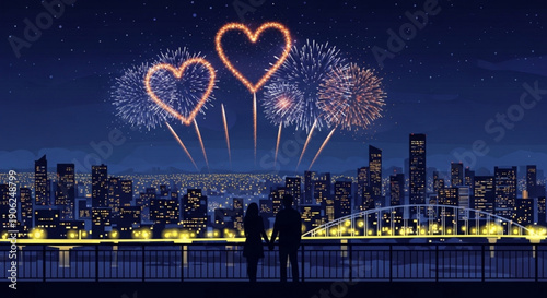 Couple standing together watching heart shaped fireworks display over city skyline at night with illuminated buildings and bridge