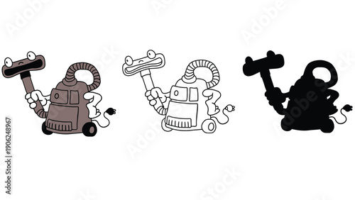 Vacuum cleaner vector illustration set with cartoon monster holding hammer