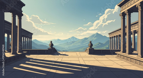 Ancient greek temple courtyard with columns and statues overlooking majestic mountains under a serene blue sky with white clouds
