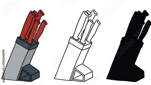 A set of kitchen knives in a block is shown in three different styles.