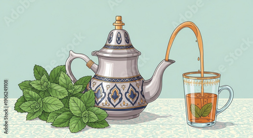 Ornate teapot pouring tea into a glass cup with fresh mint leaves on a textured surface against a soft green background