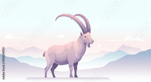 Majestic mountain goat standing proudly with curved horns against a soft pastel colored mountainous landscape background serene atmosphere