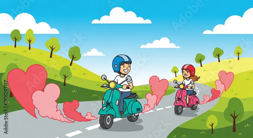 Couple riding scooters together on a scenic road surrounded by hearts in a cartoon style illustration