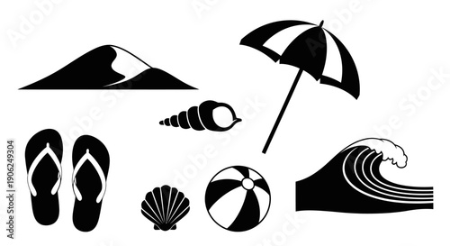 Summer Beach Vacation Icons with Umbrella Wave Shell and Ball