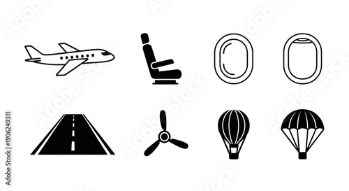 Aviation and Air Travel Icons with Plane Window and Parachute