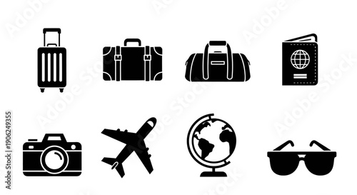 Travel Essentials Icon Set with Passport Camera Airplane and Globe