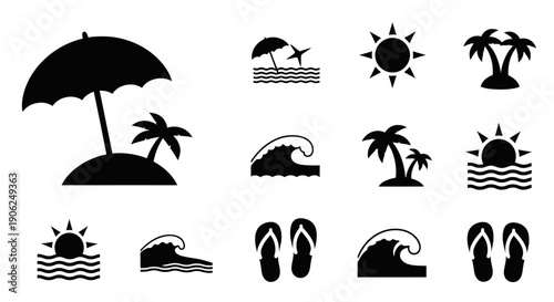 Summer Beach Vacation Icons with Palm Trees Waves and Sun