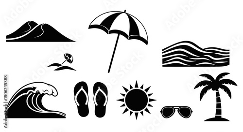 Beach Holiday Elements with Tropical Palm Tree Waves and Sunglasses