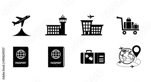 International Airport Travel Service Icon Set Airplane Building Passport Cart