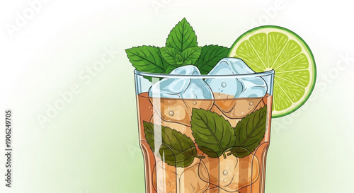 Refreshing mojito cocktail with mint leaves and lime in a tall glass with ice cubes fresh summer drink invigorating beverage