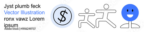 Financial operations, movement, teamwork, emotions, positive energy, business growth. Dollar sign, running stick figures and a smiling blue face icon. Financial operations and movement concept