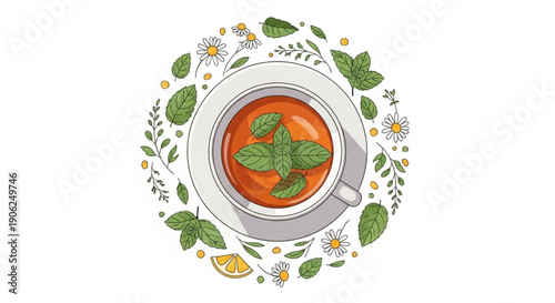 Herbal tea in a white cup surrounded by fresh mint leaves and flowers on a white background healthy beverage soothing drink herbalism