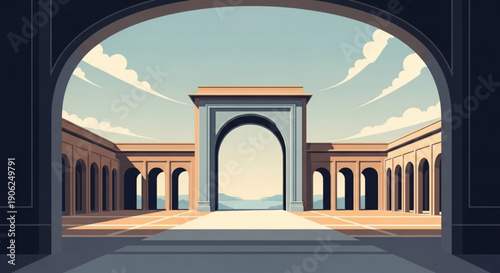 Archway leads to ancient courtyard with columns and blue sky background