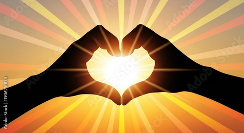 Hands forming a heart shape around a radiant sun with vibrant rays symbolizing love warmth and positivity in a stunning graphic