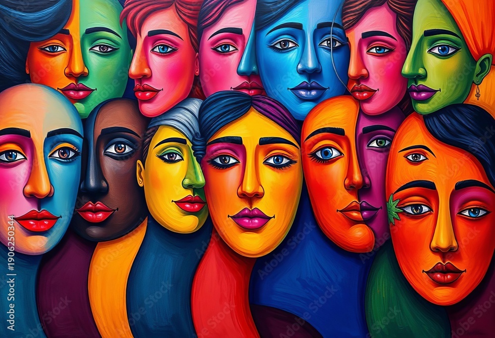 Obraz premium Abstract colorful faces, diverse expressions in vibrant hues, artwork, texture