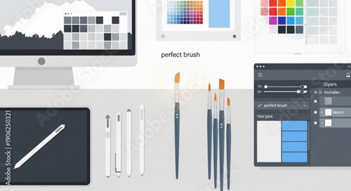Graphic design workspace with digital drawing tablet paintbrushes and color palette on computer screen and desk ideal for creative